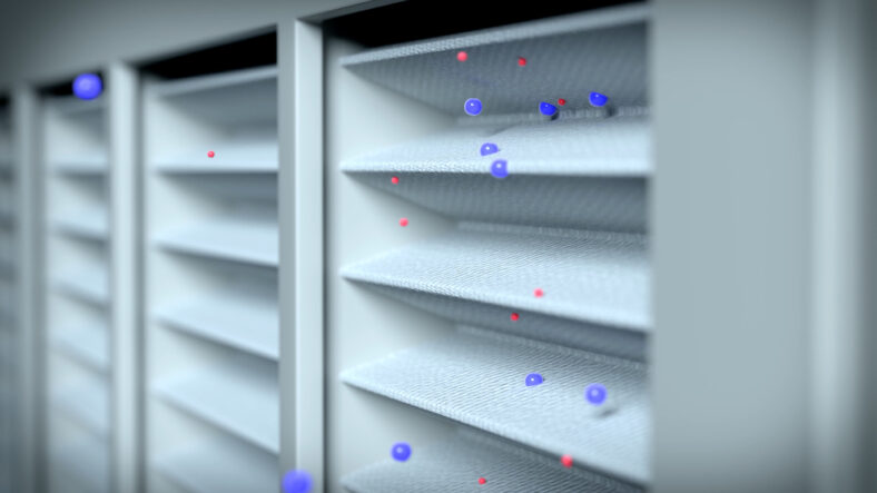 HEPA filter rendering showing how it removes fine dust and ultrafine dust and refreshes indoor air.